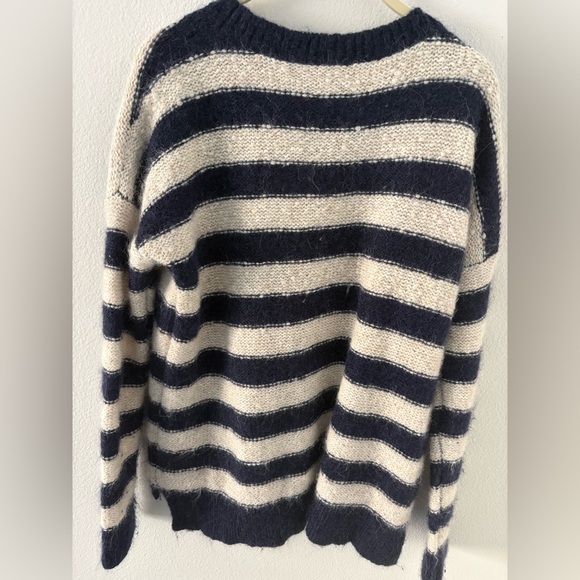 Striped Alpaca Navy and Cream Women's Sweater - Picture 2 of 8